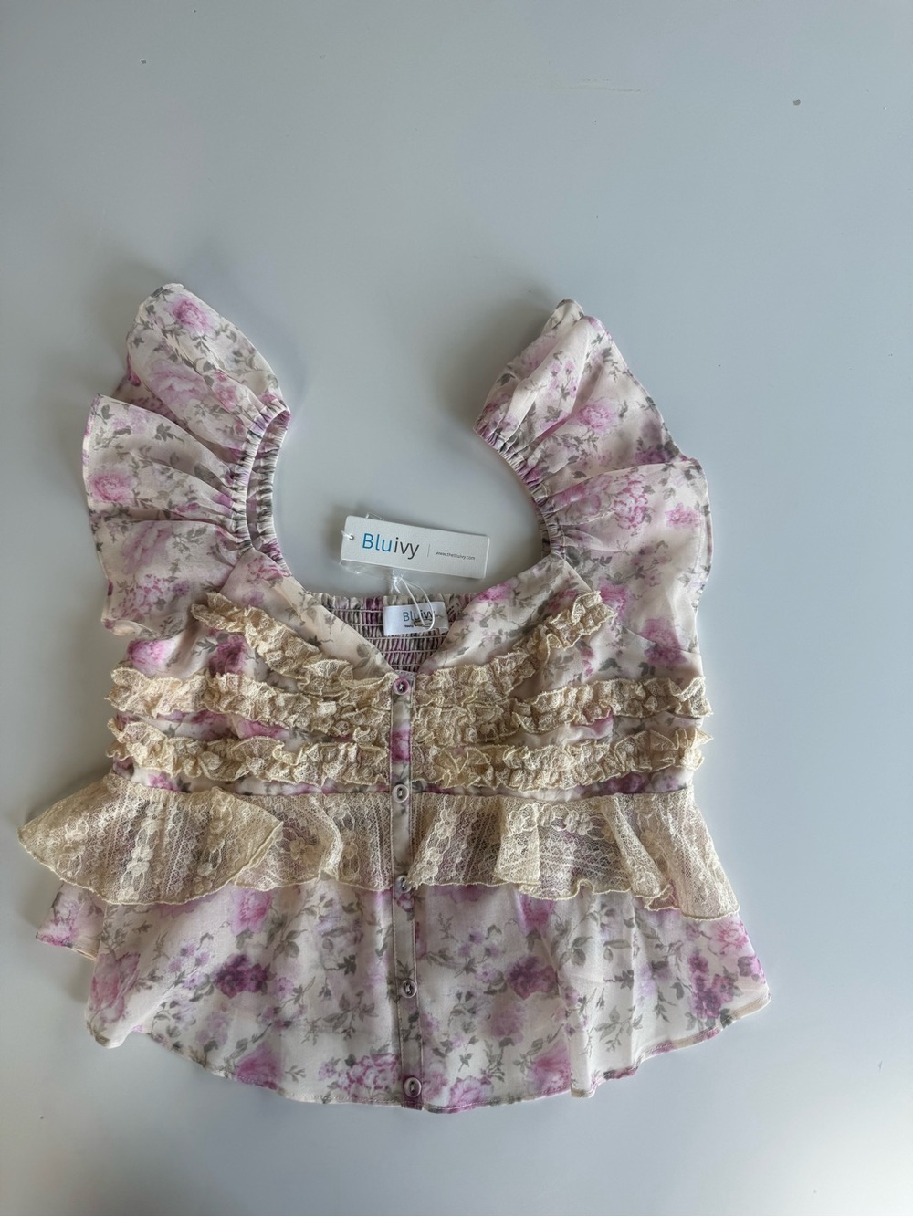 Bluivy Floral Ruffle Peplum Blouse in Pink and Cream